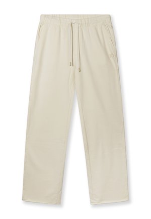 Beige casual broek met elastische tailleband en trekkoord, voorzien van zijzakken en een subtiel logo op de rechterdij.