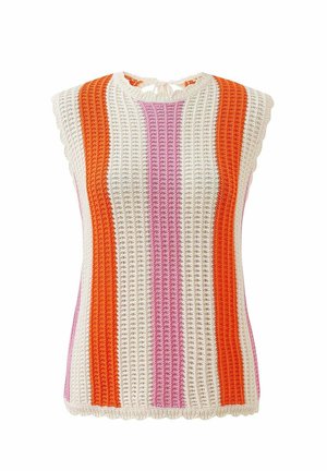 Haken zonder mouwen top met verticale strepen in oranje, roze en wit. Golfachtige zoom en striksluiting aan de achterkant. Gestructureerd materiaal.