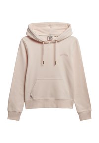 Sudadera rosa claro hecha de tela suave, con un bolsillo canguro, cordón ajustable, ribete acanalado y bordado de la marca en el pecho.