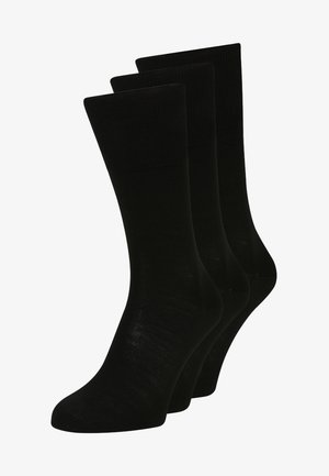 Black cotton socks in a pack of three. Features a ribbed cuff and smooth texture. Standard shape for comfortable fit.