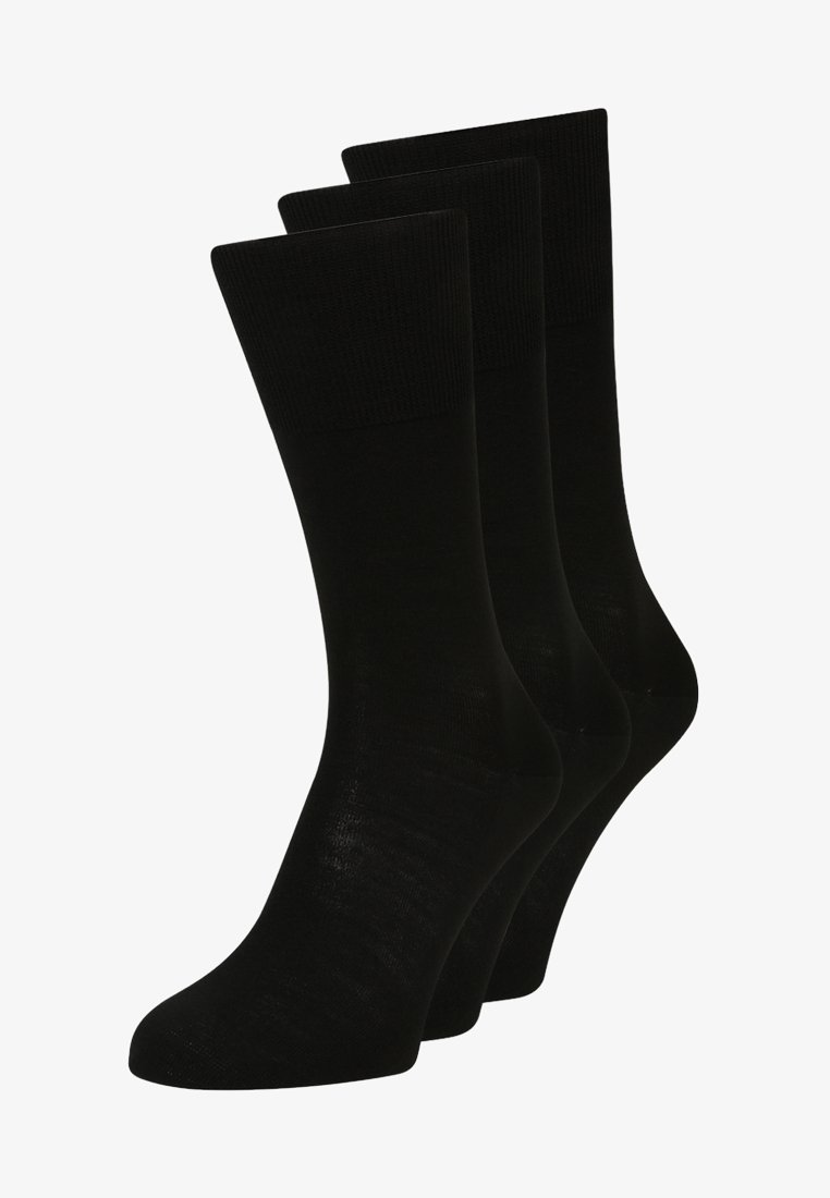 Black cotton socks in a pack of three. Features a ribbed cuff and smooth texture. Standard shape for comfortable fit.