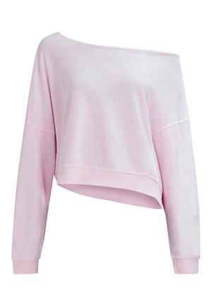 Roze cropped sweatshirt van zacht materiaal, met een off-shoulder halslijn, lange mouwen en geribbelde manchetten met een gladde textuur.