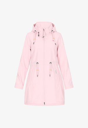 Giacca in morbido tessuto rosa chiaro con zip frontale, cappuccio regolabile con coulisse e due tasche frontali. Presenta dettagli in hardware argentato.