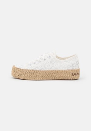 Weißer Sneaker mit niedriger Schnürung aus Spitze, dicker gewebter Jute-Plateausohle und weißen Schnürsenkeln auf einfachem hellem Hintergrund.
