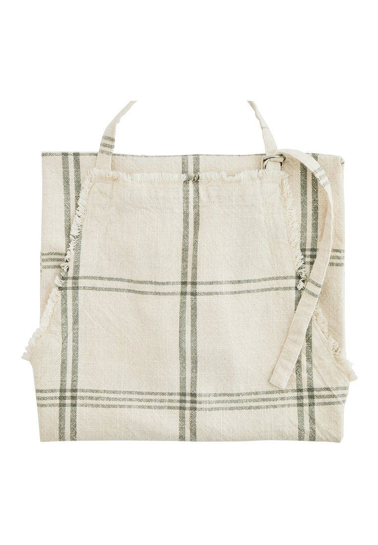 Tablier en lin beige avec un motif à carreaux verts, bords effilochés et bretelles réglables. Design simple et fonctionnel adapté à une utilisation en cuisine.