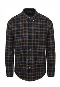 Męska koszula z długim rękawem na guziki, z wzorem w kratę w ciemnym granacie, burgundzie i szarości, z kołnierzem zapinanym na guziki i kieszenią na piersi.