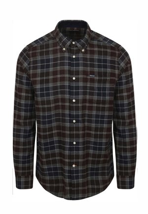 Męska koszula z długim rękawem na guziki, z wzorem w kratę w ciemnym granacie, burgundzie i szarości, z kołnierzem zapinanym na guziki i kieszenią na piersi.