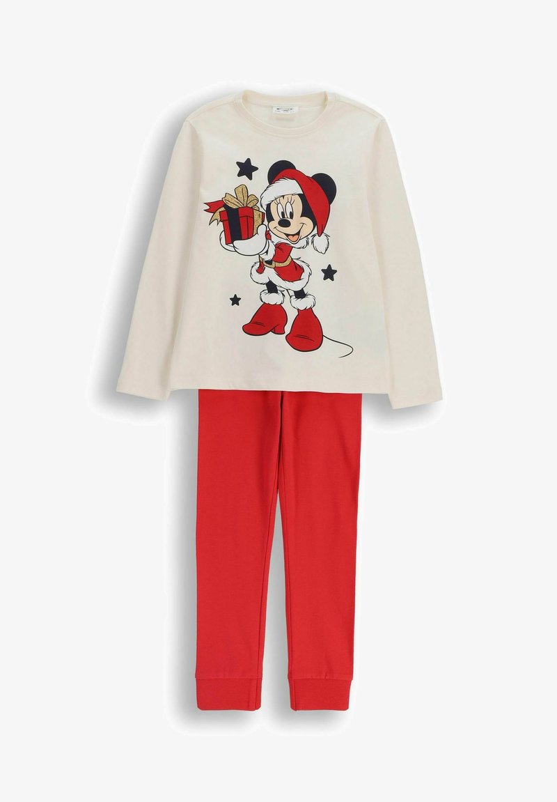 Dziecięca bluzka z długim rękawem w kolorze kremowym z Myszką Miki w świątecznym stroju Świętego Mikołaja trzymającą prezent, w zestawie z czerwonymi piżamami.