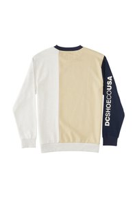 Sudadera con un diseño de bloques de color en secciones blanca, beige y navy. Material suave con puños acanalados y un logotipo en la manga.