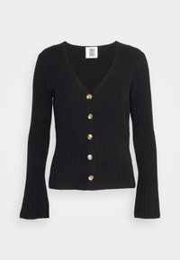 Černý žebrovaný pletený cardigán s dlouhými rukávy, výstřihem do V a zlatými knoflíky po celé délce vpředu. Texturovaná tkanina dodává vizuální zajímavost.