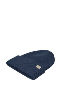 Berretto a maglia blu navy con una texture a coste e un risvolto. Presenta un'etichetta del marchio piccola e rettangolare sul lato.