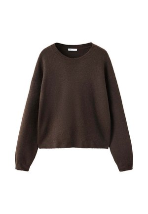 Dunkelbrauner langärmeliger Strickpullover mit geripptem Rundhalsausschnitt, Bündchen und Saum, gezeigt auf weißem Hintergrund.
