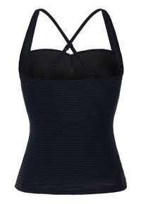 Čierne priliehavé tielko s jemnými horizontálnymi pruhmi a nastaviteľnými prekríženými ramennými remienkami na chrbte.