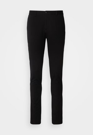 Black trousers featuring a tailored fit, smooth texture, slim design, a front button closure, and belt loops, with no visible patterns or accents.