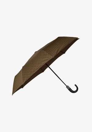 Brown umbrella with a geometric pattern, black handle, and metallic accents. Compact design with a curved hook for easy carrying.