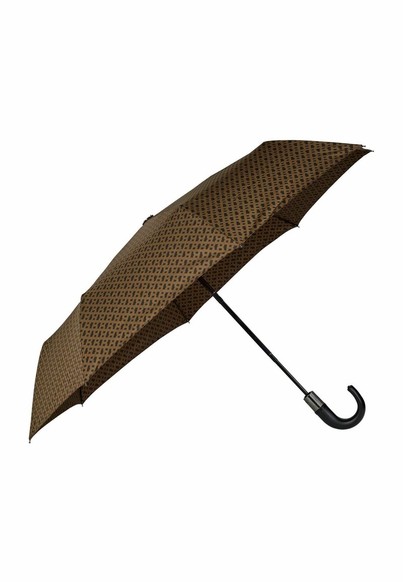 Ombrello marrone con un motivo geometrico, manico nero e accenti metallici. Design compatto con un gancio curvo per una facile trasportabilità.