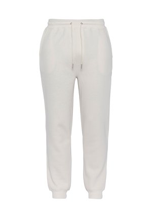 Lichtbeige sweatpants van zacht materiaal, met een elastische tailleband, trekkoord en taps toelopende boorden. Twee zijzakken zichtbaar.