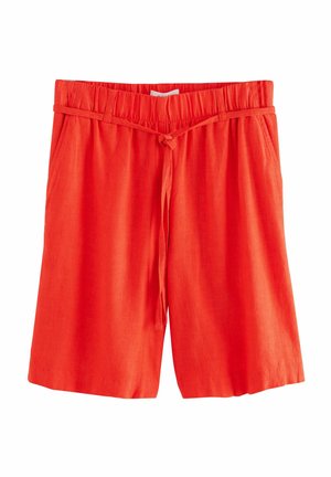 Shorts roșii din in cu talie elastică și șnur, buzunare laterale și o croială relaxată. Textură netedă și design până la genunchi.