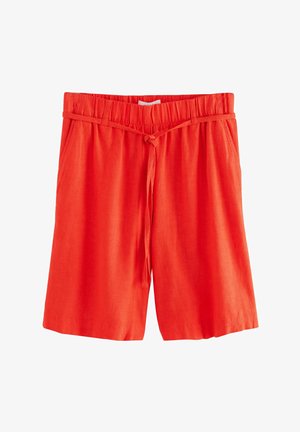 I pantaloni corti rossi in lino presentano un elastico in vita con cordoncino, tasche laterali e una vestibilità comoda. Texture liscia e design fino al ginocchio.