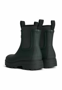 Green rubber ankle boots with black neoprene panels, reinforced heel, pull tabs, and a grooved sole for traction.