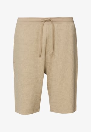 Beige korte broek van gestructureerde stof met elastische tailleband en voorste trekkoord, knielang en in casual stijl.