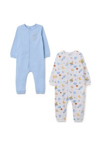 Twee baby rompers: de ene effen lichtblauw met een rits aan de voorkant, en de andere wit met kleurrijke ruimte-thema prints. Beide hebben lange mouwen en elastische manchetten.