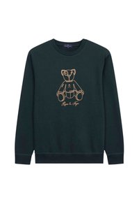 Donkergroene sweatshirt met een gouden omtrek van een beer en de tekst "Haper & Meyer." Ronde halslijn en lange mouwen. Klassieke pasvorm.