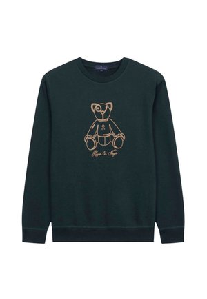 Sudadera de color verde oscuro con un contorno dorado de un oso y el texto "Haper & Meyer". Cuello redondo y mangas largas. Corte clásico.