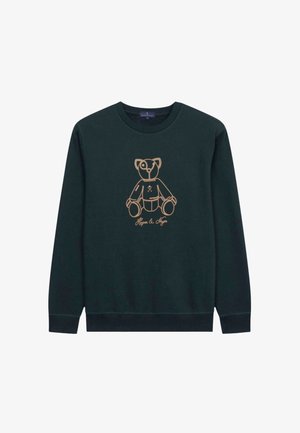 Donkergroene sweatshirt met een gouden omtrek van een beer en de tekst "Haper & Meyer." Ronde halslijn en lange mouwen. Klassieke pasvorm.