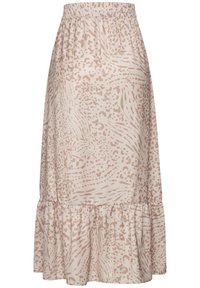 Razširjena krila iz lahkega materiala, s bež osnovo in abstraktnimi rjavimi vzorci, elastičnim pasom in nabranim robom.