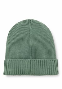 Green knitted beanie with a ribbed fold-over brim, featuring vertical lines and a seamless top design. Soft texture, lightweight material.