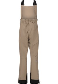 Beige wasserdichte Latzhose mit verstellbaren Trägern, elastischem Bund und schwarzen Akzenten an den Säumen für zusätzliche Haltbarkeit und Schutz.