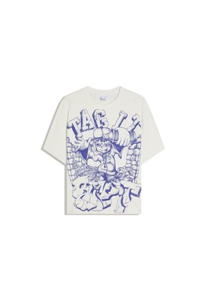 Weißes T-Shirt mit blauem Graffiti-Design eines Charakters, der eine Sprühdose hält und durch eine Backsteinmauer bricht, mit dem Text „TAG LIFE“.