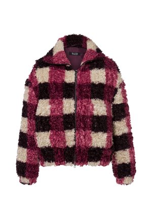 Veste zippée douce à carreaux bordeaux, crème et marron foncé ; dotée d'un col montant et d'un tissu texturé.
