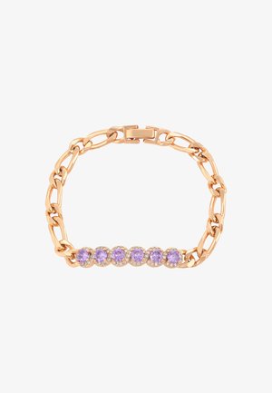 Ruusukulta-rannekoru, jossa on ketjumainen muotoilu, ja viisi purppurakiveä, joita ympäröi kirkkaat jalokivet, korostaen rakennetta ja kontrastia.