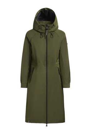 Maslinasto zeleni vodootporni dugi kaput s kapuljačom, prednjim zatvaračem i dva bočna džepa sa zatvaračem; sadrži elastične manžete i vezicu u struku.