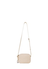 Borsa a tracolla rettangolare beige con motivo a logo impresso, tracolla regolabile e dettaglio in metallo sulla zip.