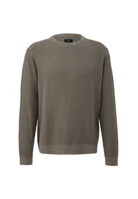 Khaki Pullover aus strukturiertem Stoff mit Rundhalsausschnitt, langen Ärmeln und geradem Saum. Einfaches, durchgehendes Strickmuster.