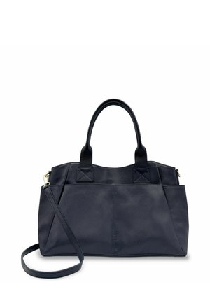 Sac à main en cuir marine avec deux poignées supérieures, une bandoulière détachable et une forme structurée. Présente une surface texturée et des accents cousus.