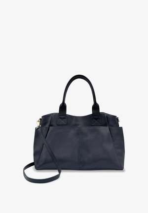 Sac à main en cuir marine avec deux poignées supérieures, une bandoulière détachable et une forme structurée. Présente une surface texturée et des accents cousus.
