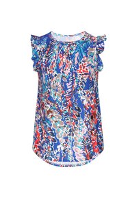 Bluse mit Blumenmuster in lebhaftem Blau, Pink und Rot, mit Rüschenärmeln und rundem Halsausschnitt, aus einem glatten, leichten Stoff gefertigt.