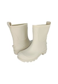 Bottes de pluie en caoutchouc blanches avec une surface texturée, des poignées de traction et une semelle durable. Présentent des éléments de design courbés et des accents en relief.