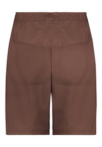 Shorts de sport marron en tissu léger, avec une taille élastique et sans motifs ni détails matériels visibles.