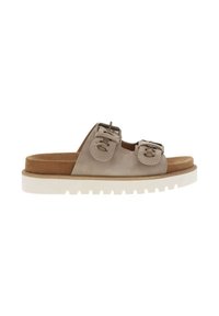 Beige sandals with two straps featuring decorative hardware, textured footbed, and white thick sole with tread pattern.