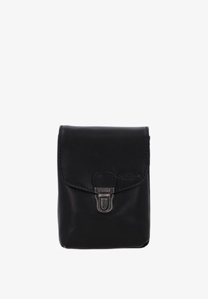 Melnas ādas somiņa ar noapaļotām malām, ar atloku aizdari un metāla detaļām. Iezīmējas ar smalku šuvumu un logotipa detaļu sānos.