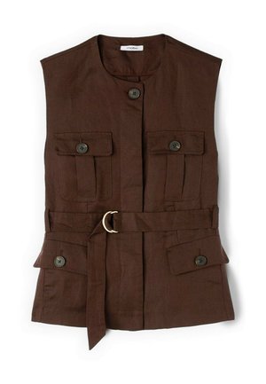 Veste utilitaire sans manches marron foncé avec boutons sur le devant, deux poches poitrine à rabat, deux poches basses à rabat et une taille cintrée avec boucle double anneau.