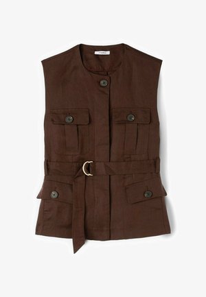 Veste utilitaire sans manches marron foncé avec boutons sur le devant, deux poches poitrine à rabat, deux poches basses à rabat et une taille cintrée avec boucle double anneau.