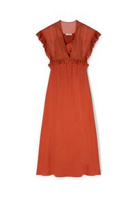 Vestido maxi en color óxido, con mangas cortas acampanadas, un escote en V profundo y un diseño fluido con una textura suave.