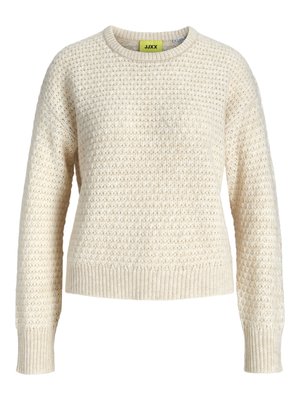 Cremefarbener Strickpullover mit langen Ärmeln, Rundhalsausschnitt und strukturiertem Waffelmuster, mit einem gelben inneren Nackenlabel.