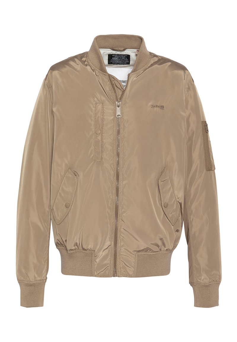 Giubbotto bomber khaki realizzato in nylon leggero e liscio. Presenta una zip frontale, polsini a coste e due tasche laterali con chiusura a scatto.
